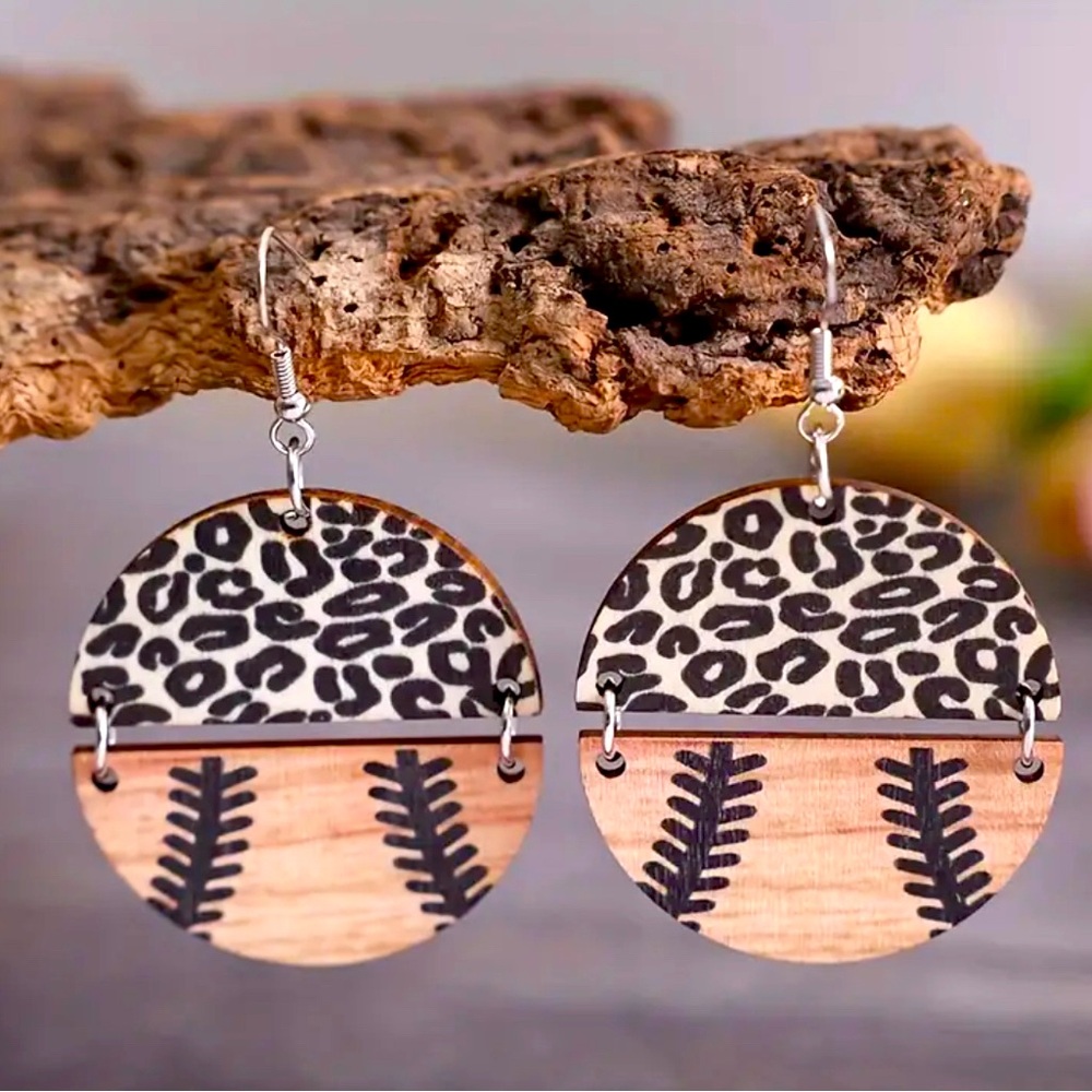 Handmade wooden basketball earrings with leopard print